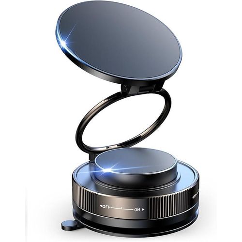 Magnetic car phone holder with a strong adhesive base foldable and with 360-degree rotation compact and stable design to securely hold Android and iPhone phones while driving