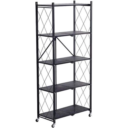 A five-shelf, foldable metal storage unit in a matte black finish, equipped with wheels and suitable for kitchen cabinets. Made from 100% high-quality materials.
