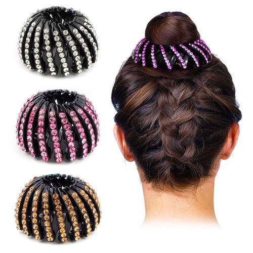 AUEAR, 4 Pcs Rhinestone Hairs Clip, Bird Nest Hair Bun Holder Expandable Ponytail Ties Wrap Accessory for Women