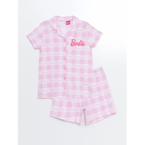 Collared Neck Barbie Printed Girl's Shortie Pyjama Set