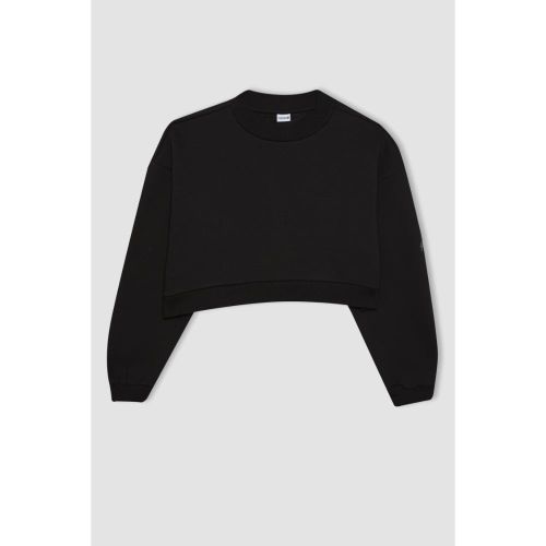 Woman Cropped Fit Long Sleeve Sweat Shirt - BLACK