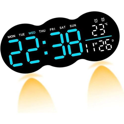 Modern Multifunctional LED Digital Wall Clock – High-clarity display showing time, temperature, date, and day of the week – Dual alarm – Sleek design for homes and offices.