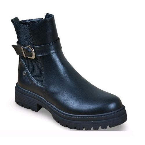 Women's Stylish Black Faux Leather Ankle Boots with Chunky Sole & Buckle Strap
