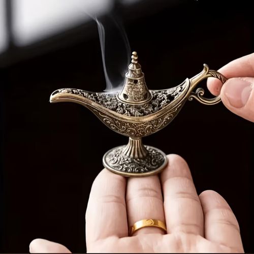 Aladdin Lamp Incense Burner Set, 2-Piece Vintage Zinc Alloy Genie Lamp Incense Holder with Tweezers, Bronze Decorative Burner for Home Décor