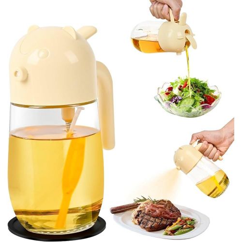 Glass oil bottle with a cow design, automatic oil dispenser with silicone lid, heat resistant, comes with a silicone mat, inches, 580ml capacity