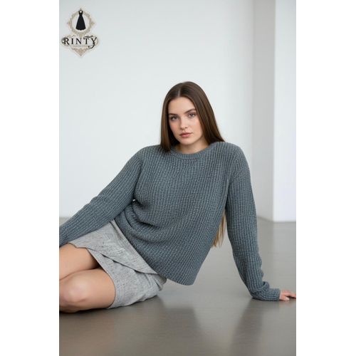 A short greyish blue winter pullover with a clean, close-knit texture.