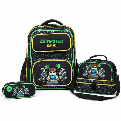 Glossy Bird - Computer Game School Bag Set with Backpack Lunch Bag and Pencil Case 16 Inch - GB5703