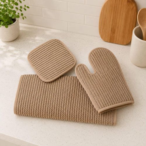 3-Piece Beige Kitchen Oven Mitt Set - Heat Resistant