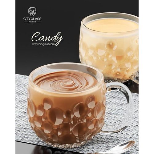 City Glass 3-piece tea, coffee, and latte mug set with handle and bubble design
