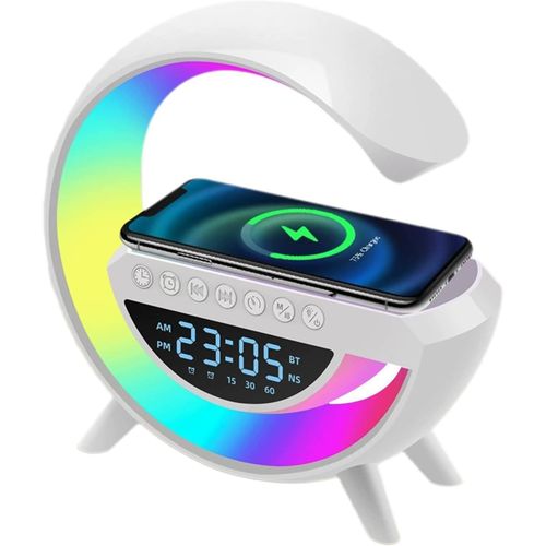 G-Shaped Bedside Lamp with Wireless Charger, Bluetooth Speaker & RGB LED Mood Light – Rechargeable Alarm Clock