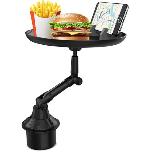 Adjustable Cup Holder Food Tray with Phone Mount – 360 Rotary Tray, Ideal for Eating on The Go – Secure and Convenient for Car, Trucks, SUVs and Vans