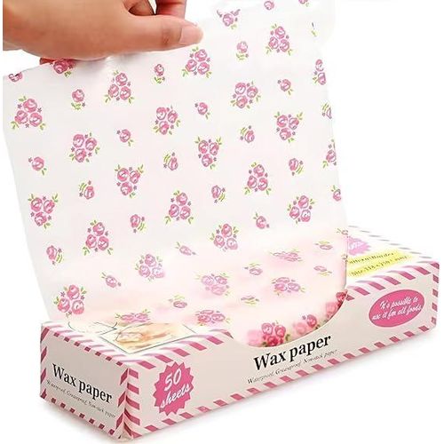 50PCS Wax Paper Food Wrapping Sheets Oil and Water Resistant Multi-Purpose Food Packaging Paper for Burgers Sandwiches Bakery Fruits Snacks and Gift Wrapping with Elegant Assorted Designs for Home Kitchen Restaurants and Cafes