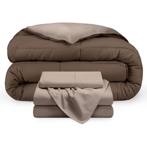 Full Bed Set - 5 Pieces - Comforter 225 * 235, Fitted Sheet 160 * 200, 1 Pillow Case 45 * 160, 2 Pillow Cases 50 * 70 - Elegant and Practical 2 Tone Matching Set (Beige & Brown)