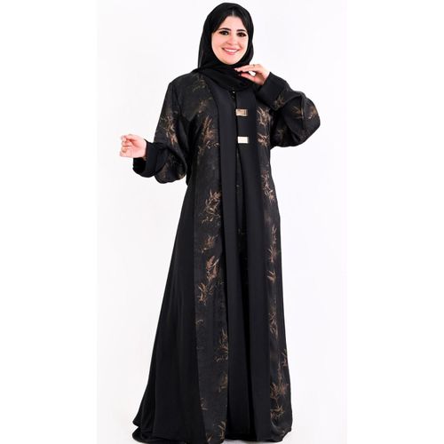 Women's abaya for going out - two pieces - basic double-sided black and brown + black cardigan with brown jacquard
