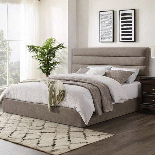 Modern Upholstered Bed (160 cm) – Premium Gray Beige Bed Frame with Muski Wood Slats