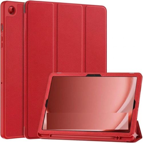 Trifold Case for Samsung Galaxy Tab A11 2025 X133 X135 8.7 Inch Slim Hybrid Shockproof Case with Transparent Slim Soft Silicone Back Cover - (Red)