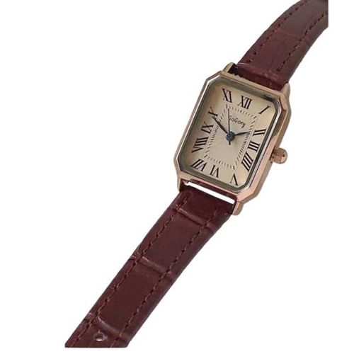 Women’s classic wristwatch with a rectangular frame and clear numerals – a practical wristwatch with a brown leather strap.