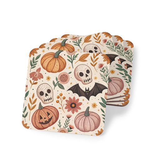 Four Pieces Halloween with Skulls, Bats, and Pumpkins Wood Coasters – Elegant, Heat-Resistant & Waterproof Drink Wood Coasters, Coaster-196