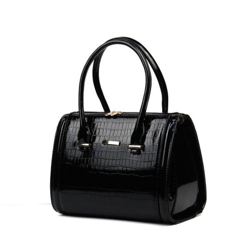 Glossy Crocodile Leather Handbag - Black