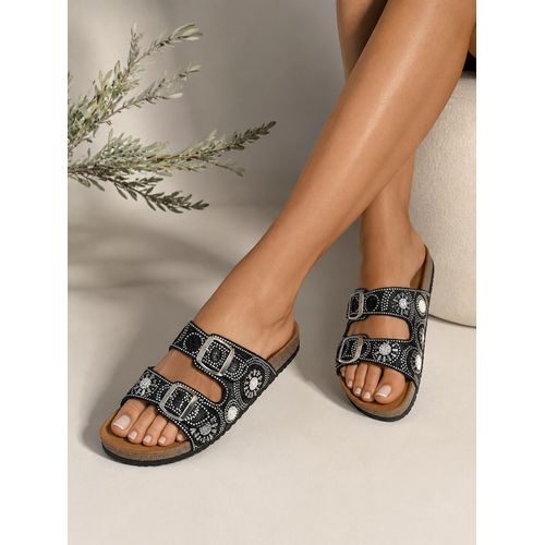 Slippers Flat Leather Embellished with decorative patterns SL-243 - Black