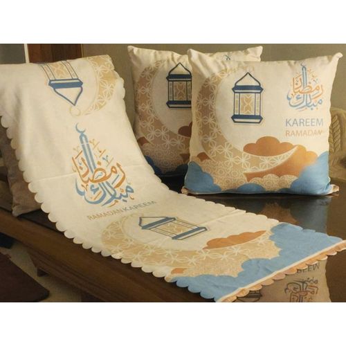 Table Runner with Cushion Set – 3 Pieces – Turkish Velvet – Digital Print