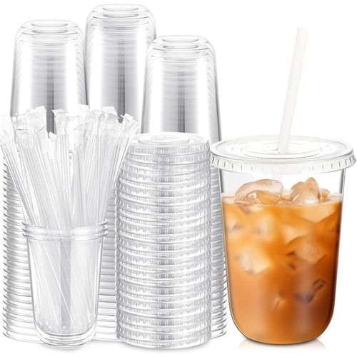 50Pcs Clear Plastic Cups with Lids and Paper Straws 480ml Plastic Coffee Tumbler Reusable Drink Cup Elegant Party Beverage Glasses for Iced Coffee Smoothie Milkshake Cold Drink Party Catering