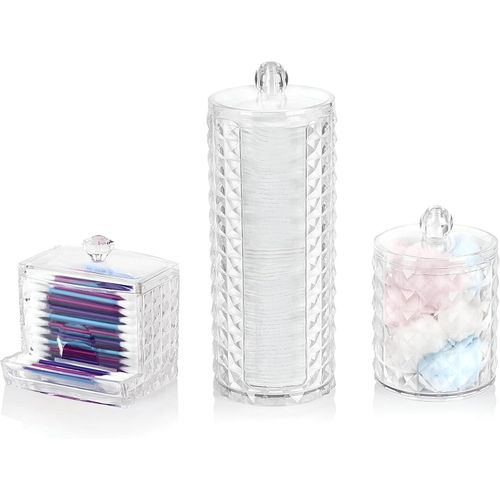 Acrylic Bathroom Organizer Set - Makeup Storage Bins with Lids, Cotton Pad Holder, Cotton Swab Holder, Set of 3