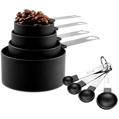 8-piece measuring cup and spoon set with handle made of stainless steel, black color, with measurement standards ranging from 1 liter to 60 ml.