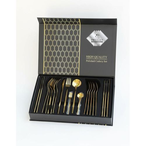 24-Piece Stainless Steel Cutlery Set, Gold Color, Premium Quality, Gift Box