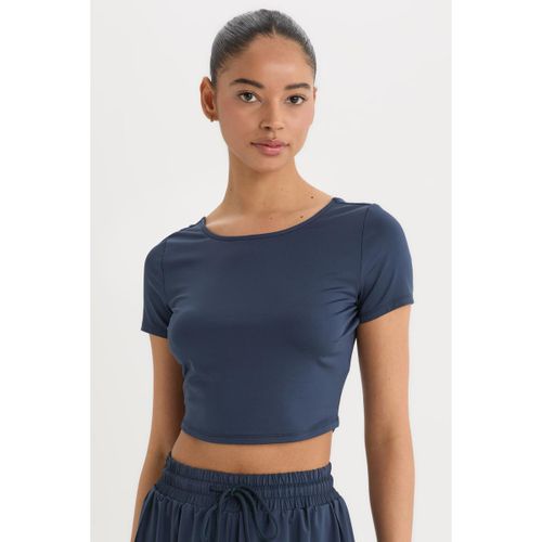 Woman Crew Neck Crop Top Short Sleeve T-Shirt - Navy