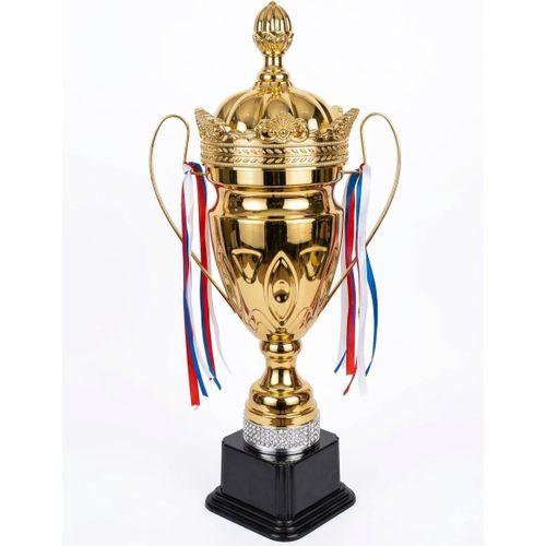 A gold sports award trophy with a royal design complete with a lid and crown suitable for sports tournaments competitions and school events