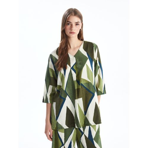 V-Neck Patterned Oversize Women's Blouse