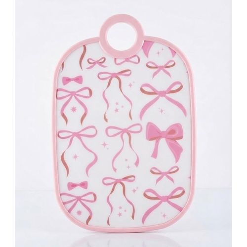 Plastic cutting board for fruits and vegetables with a bow design, hanging handle, and non-slip frame
