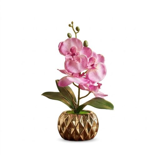 Luxury Artificial Orchid Flower in Gold Ceramic Vase – Elegant Decor Piece with Soft Pink Blooms and Realistic Green Leaves, Modern Design Perfect for Living Room, Office, and Entryway
