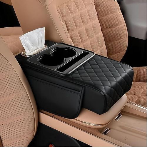 Armrest Pillow - Thick comfortable pillow with cup holder and napkins for car console and center armrest, multi-color organizing bag and double beige cup holders
