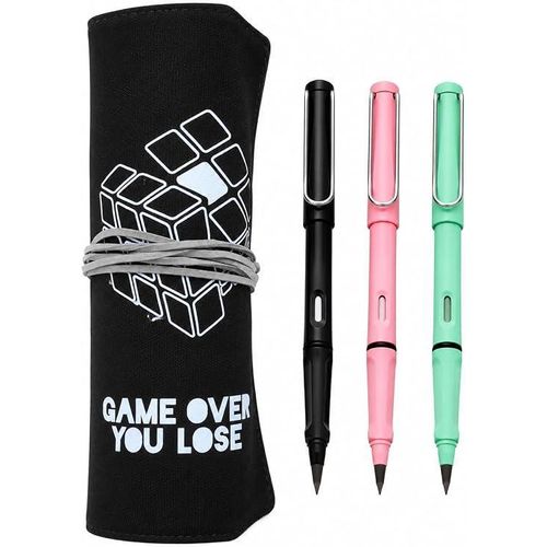 Wrap Pencil Case +3 Forever Pencils, Roll-Up Pencil Pouch, Reusable Canvas Pen Organizer with Elastic Band, Magic Inkless Pencils for School, Office, Drawing & Gift - Black
