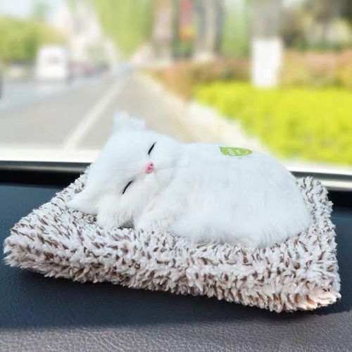 Korner Decor Sleeping Cat in Woven Basket Showpiece - Realistic Soft Fur Plush Animal Figurine Statue for Home, Office, and Car Dashboard Decoration white