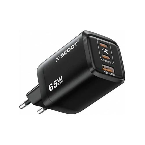 X-SCOOT 65W GaN Fast Charger Wall Adapter with 3 Ports for Simultaneous Multi-Device Charging, High Speed Power Delivery for Smartphones, Tablets, Laptops and USB Devices – Compact Travel Charging Solution – Black