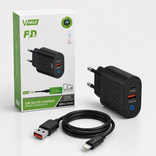 V-MAX C40 12W Wall Charger with USB-A & USB-C Ports and USB-A to Lightning Cable 1M - Black