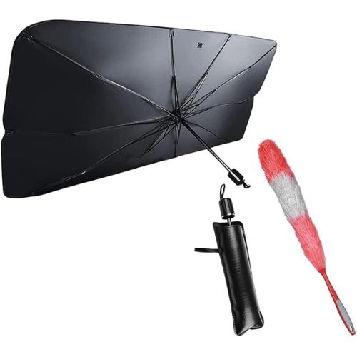 Duster Brush & Car Windshield Sun Shade - Car Duster Brush with Bendable Head & Umbrella 120 x 60cm for UV Rays Protection, Reusable Soft Dust Remover