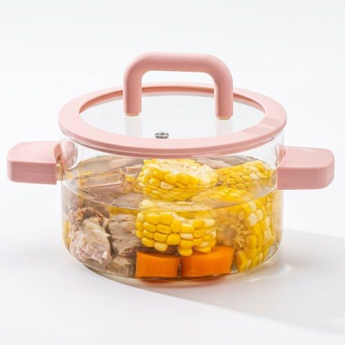 Borosilicate glass cooking pot with lid and Pink silicone handles, transparent cookware for kitchen and home