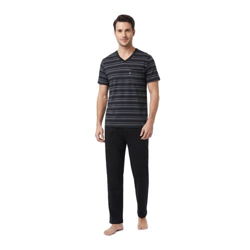 Men Summer Pyjama Set Striper Top & Plain Bottom Black