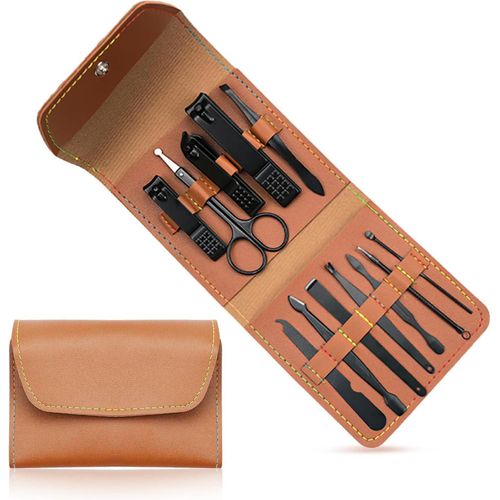 12-Piece Manicure Pedicure Set, Stainless Steel, With PU Leather Case, Portable Nail Care Kit for Travel & Home (Black)