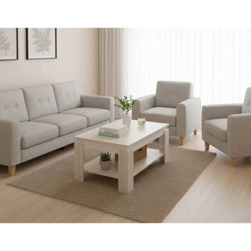 Shipboard Wood Center Table, 80*60*58 cm, Bottom Shelf - Light Beige White