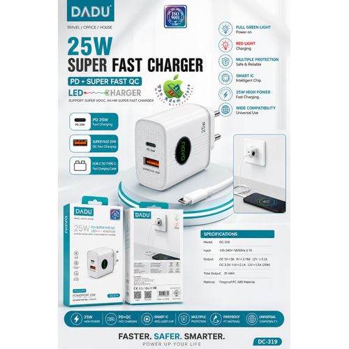 DC-319 Premium 25W Superfast Charger with Type-C to Type-C Cable, Support SuperVooc & QC