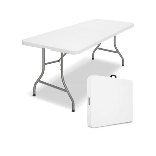 Folding plastic garden table dining table 182 x 76 cm buffet with carrying handle suitable for garden patio balcony and camping Seats 6 people White.