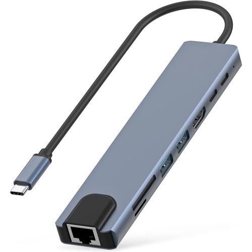 KM Technology Type C Hub Dock Station, 8 in 1 Dongle 1 Port 4K HDMI, 1 RJ45 Ethernet, 100W PD, SD/TF Card Reader, 2 USB 3.0 Ports, 2 TypeC Aluminum Material Compatible with PC/Mobile/MacBook/Laptop