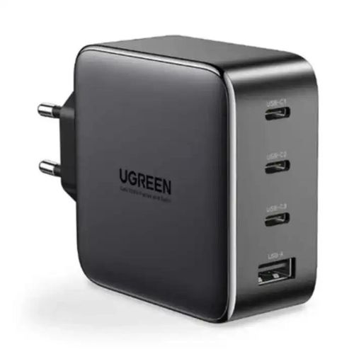 4-Port GaN Fast Wall Charger 100W Power Delivery 3x USB-C and USB-A Laptop Adapter EU Plug Gray