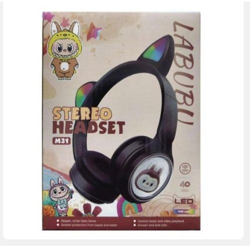 M31 LABUBU Kids Bluetooth Headphones with LED Cat Ears, Built-in Microphone, Stereo Sound, TF Card & AUX Support, Foldable