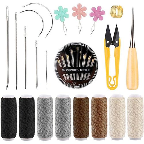 Leather Wax Thread Cord Sewing Wax Thread for Leather Craft DIY Sewing Craft, Includes 8 Rolls of Wax Thread in Different Colors, 7 Sewing Needles, Sewing Awl and More - Ideal for Repairs and Crafts